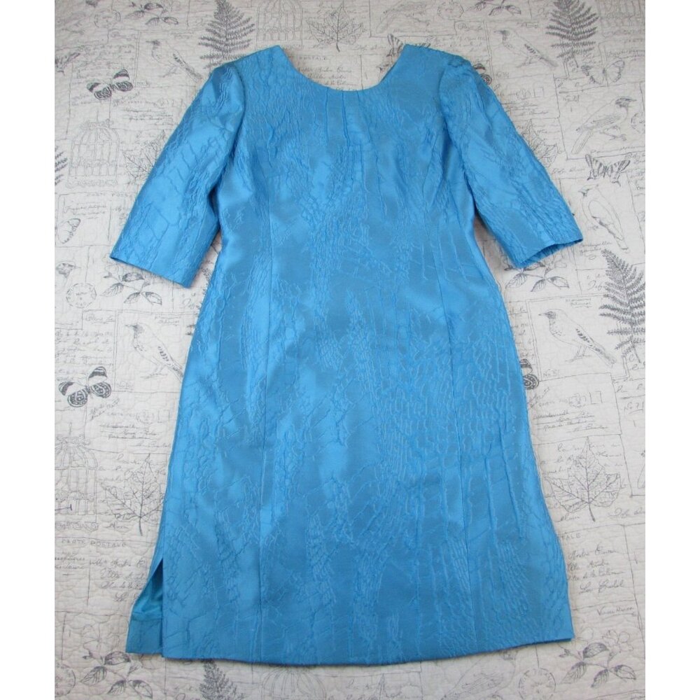 NWT Lourdes Chavez Haute Couture Capri Blue Spanish silk jacquard sheath dress S